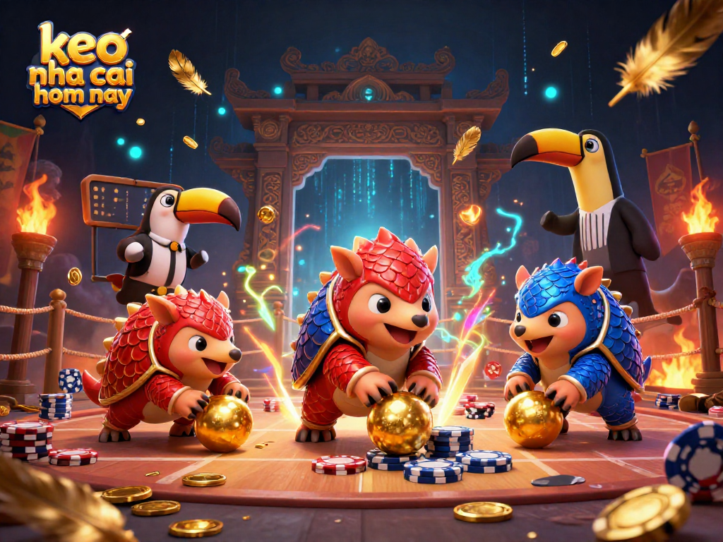 Engaging scene with rival pangolins in action rolling golden balls while showcasing keo nha cai hom nay theme.
