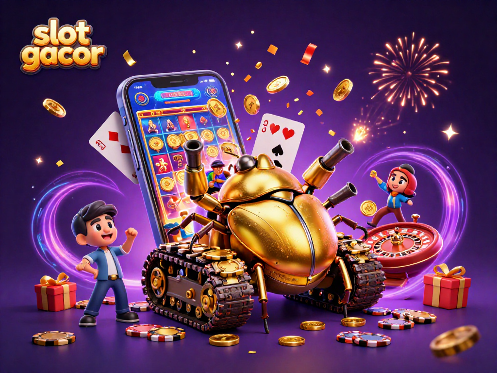 Experience the thrill of slot gacor with our vibrant 3D illustration showcasing dynamic casino elements and joyful players.