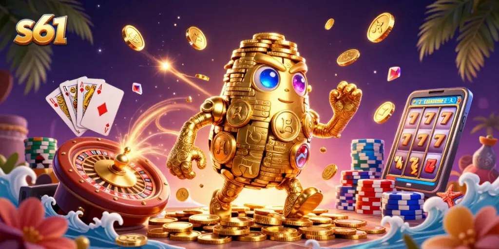 Experience s61 with a dynamic scene featuring a golden golem surrounded by casino elements and exciting energy.
