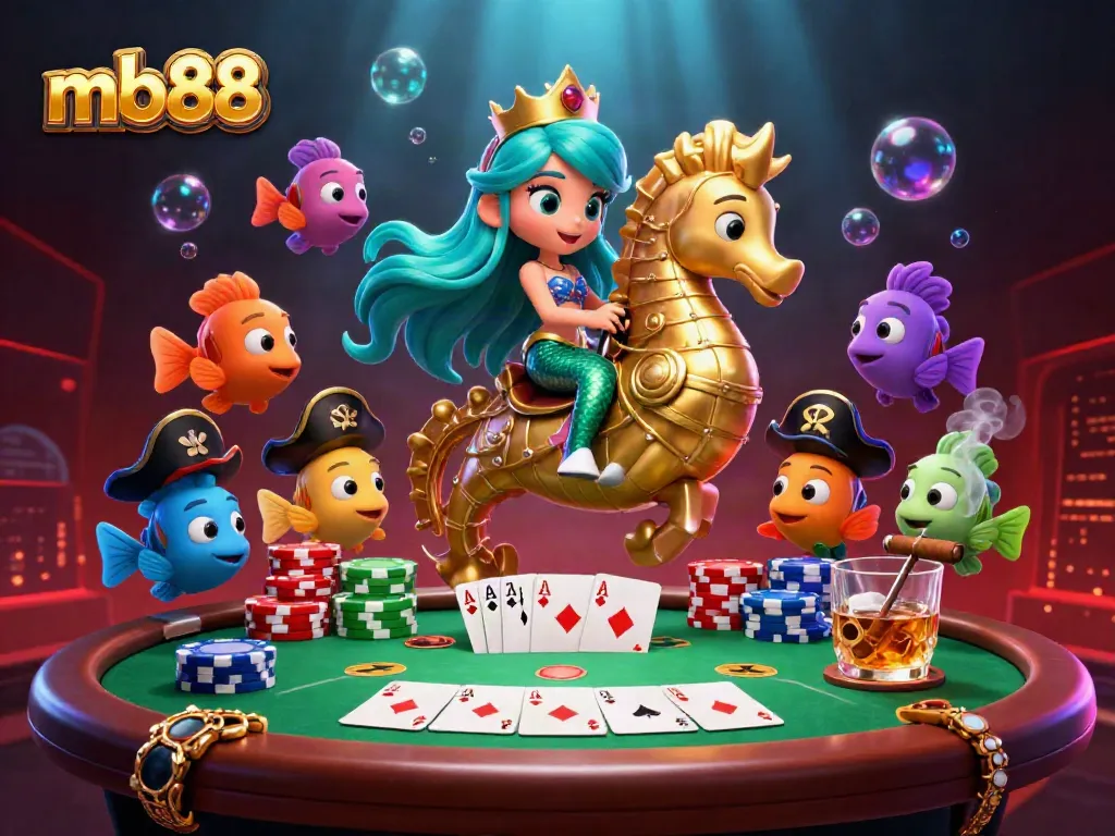 Experience mb88 casino thrills with a vibrant scene of a mermaid princess riding a seahorse, surrounded by poker elements.