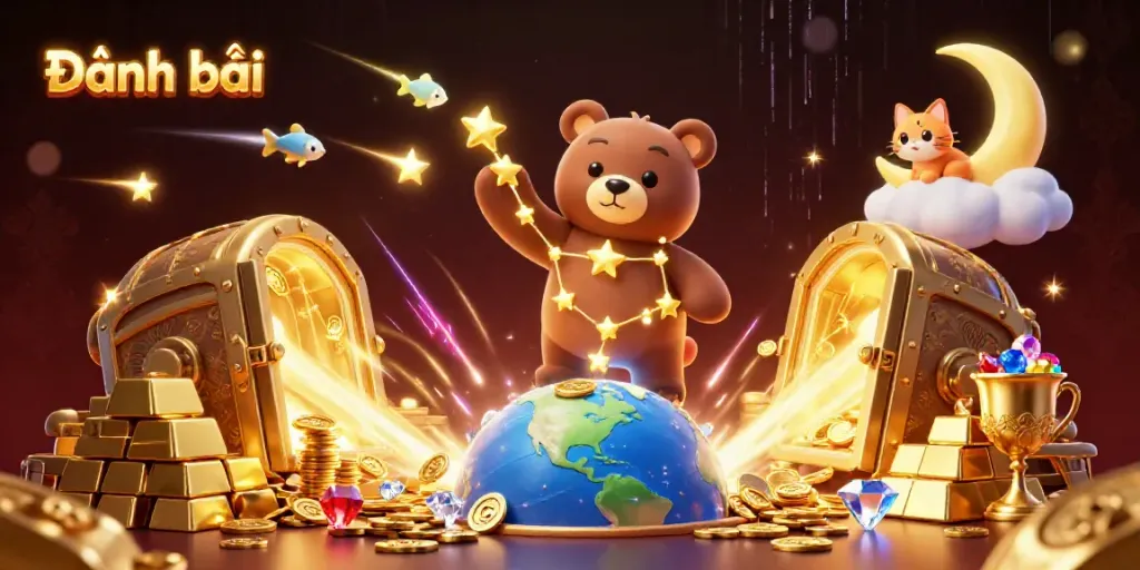 Engage in Đánh bài with a dazzling 3D cartoon universe filled with treasures and cosmic characters.