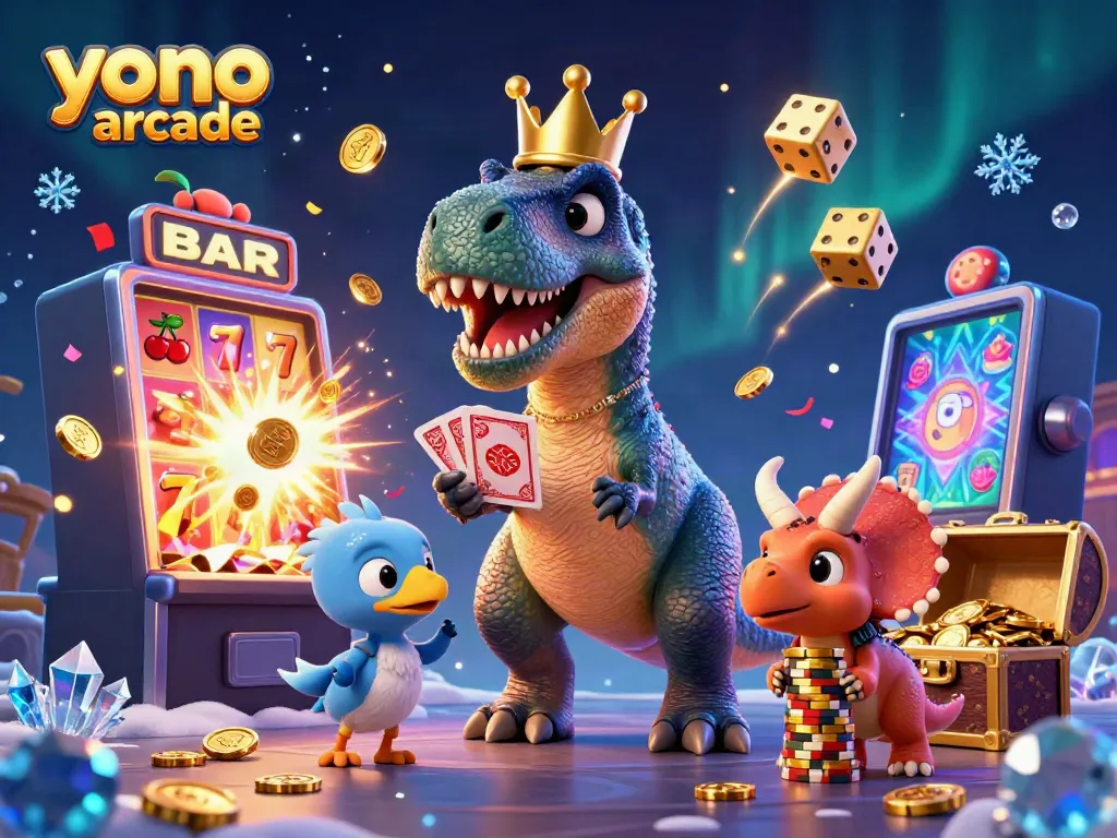 Experience the excitement of yono arcade with a dynamic 3D gambling scene featuring fun characters and games!
