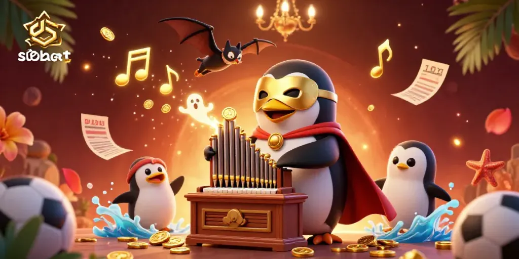 SBOBET penguin character plays an organ, surrounded by dynamic sports betting elements, showcasing excitement and strategy.