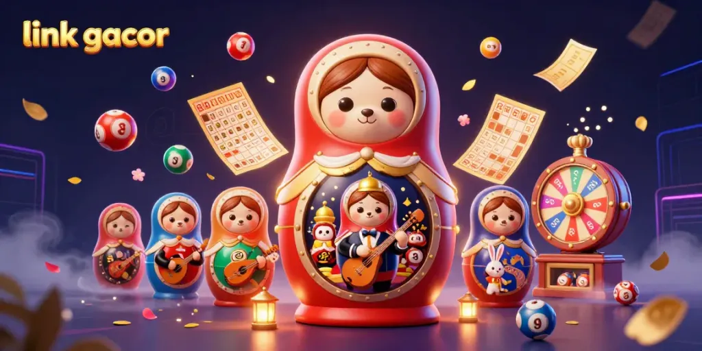 Engage with link gacor in a vibrant casino scene featuring a Matryoshka bear and dynamic game elements.