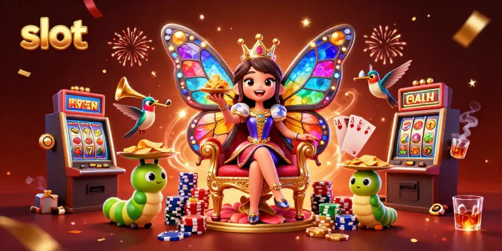 Slot mesin berwarna cerah memperlihatkan ratu kupu-kupu duduk di atas takhta bunga, dikelilingi chip emas dan unsur kasino.