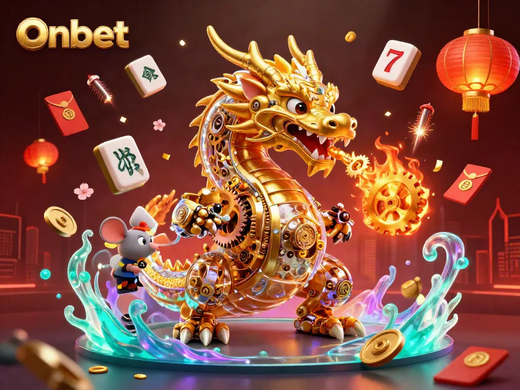 Experience the excitement of Onbet with a vibrant 3D illustration featuring a golden dragon amidst dynamic gambling elements.