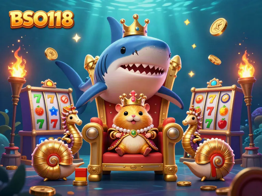 Experience the excitement of BSO118 with the golden hamster king and vibrant slot machines.