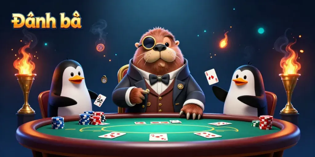 Practice Đánh bài strategies with a 3D scene of a walrus and friends playing poker underwater.
