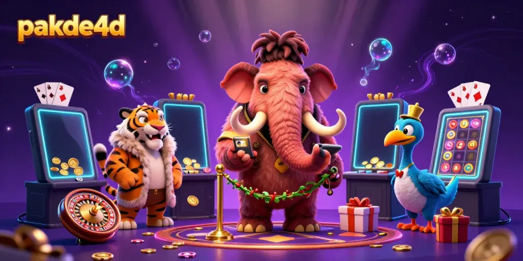 Experience the thrill at pakde4d with a vibrant casino scene featuring a woolly mammoth bouncer and a saber-tooth VIP guest.