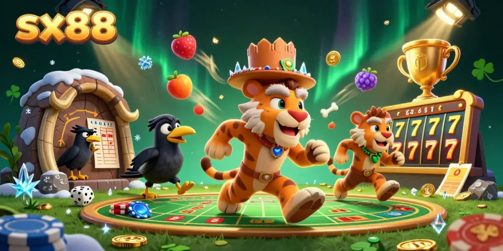 Swing into the excitement of sx88 with a vibrant casino scene featuring playful characters and dynamic games.