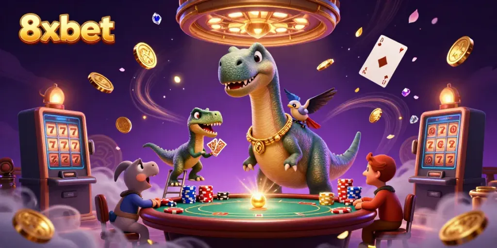 Experience the thrill of gambling at 8xbet with vibrant 3D casino elements and playful characters.