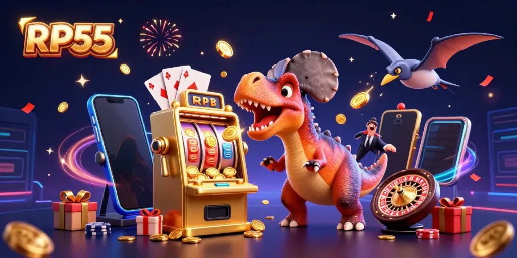 RP55 features a cartoon pachycephalosaurus winning coins from a slot machine in a vibrant casino scene.