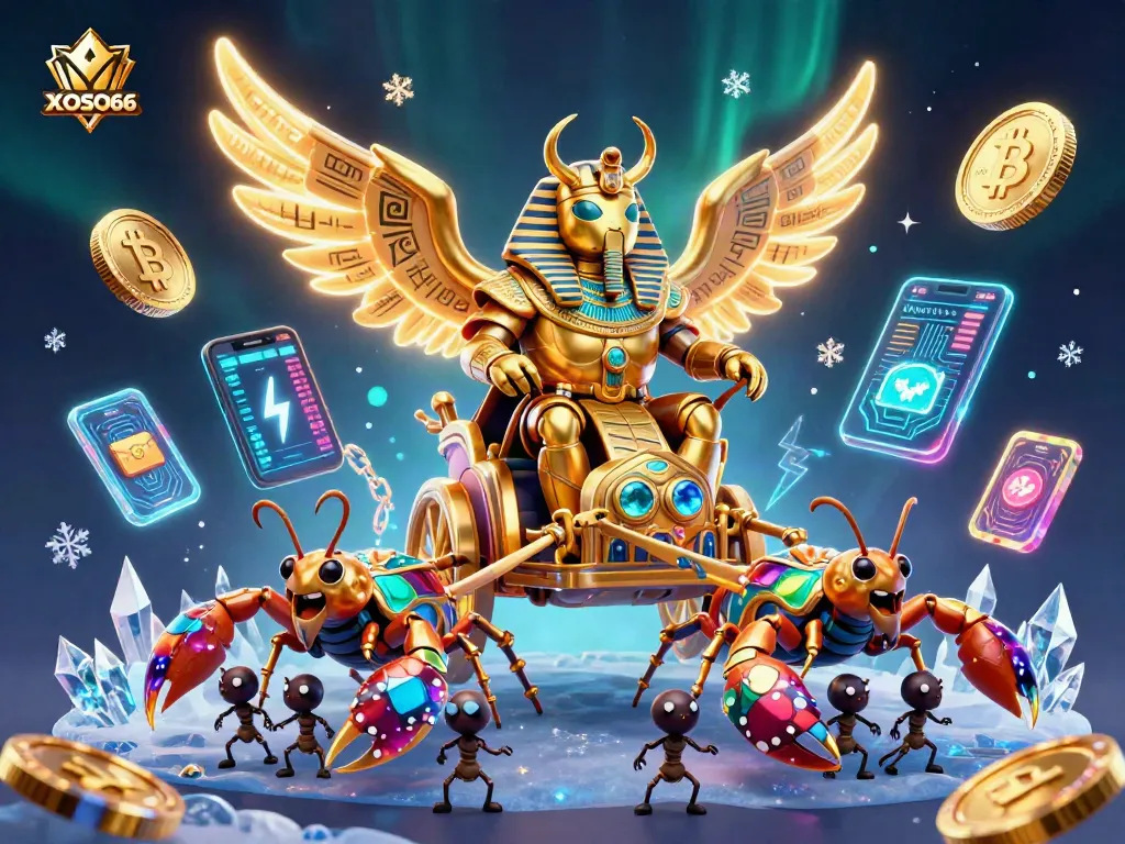 XOSO66's vibrant casino scene showcases a pharaoh's golden scarab beetle and scorpions amidst cryptocurrency elements.