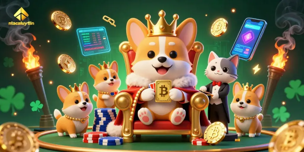 nhacaiuytin showcases a royal corgi casino scene with crypto elements and dynamic themes.