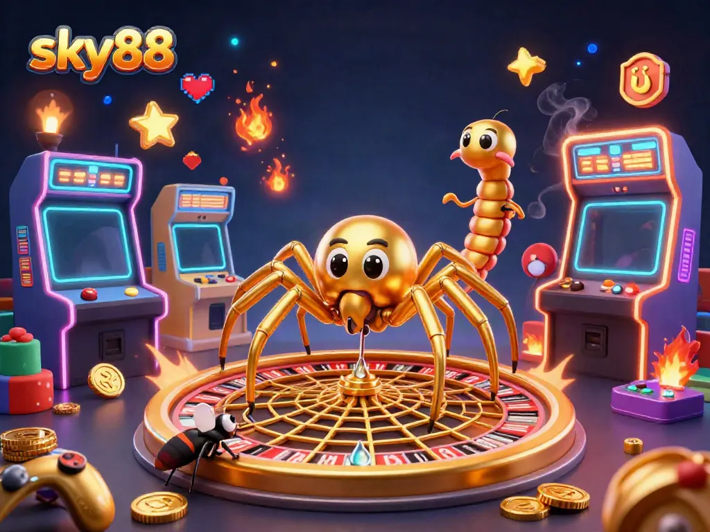 Engage in thrilling bets with sky88 on a vibrant 3D roulette wheel made of golden web.