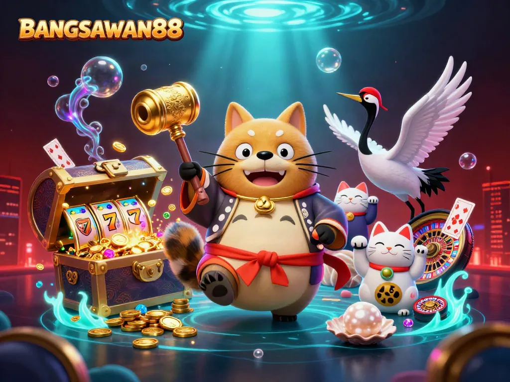 BANGSAWAN88 showcases a cheerful tanuki and crane in a vibrant online casino setting, engaging players.