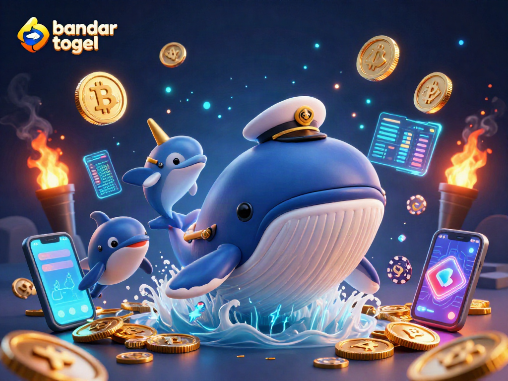 Engage with bandar togel while witnessing a colorful underwater scene with a cartoon whale and crypto elements.