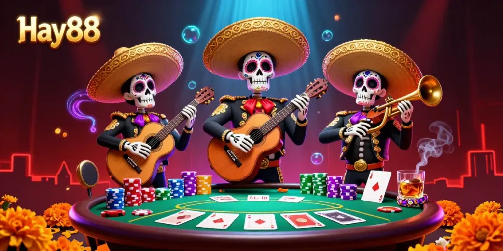 Engage in high-stakes poker at Hay88 with a vibrant mariachi celebration featuring colorful skeletons and casino elements.