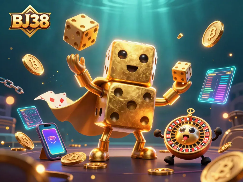 Juggling shiny golden dice and cryptocurrency elements in an energetic BJ38 casino scene.