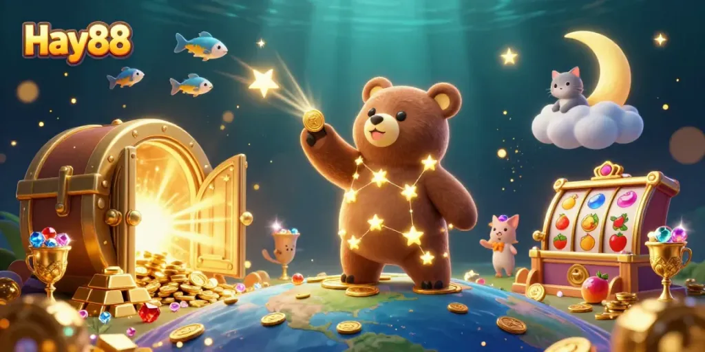 Join Hay88 in an exciting casino adventure with a constellation bear and treasure.
