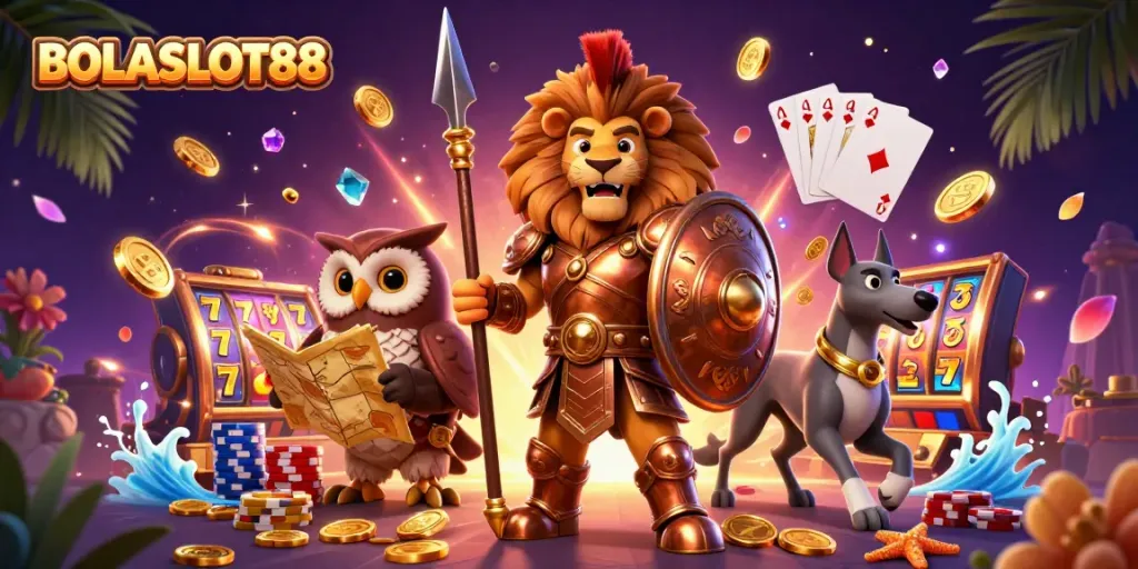Experience BOLASLOT88 with a vibrant 3D illustration showcasing dynamic characters and slot elements.