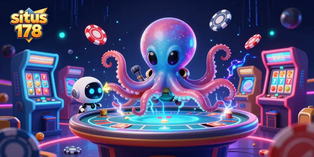 Situs 178 menampilkan alien gurita bermain poker di meja holografik bersama robot, penuh elemen kasino
