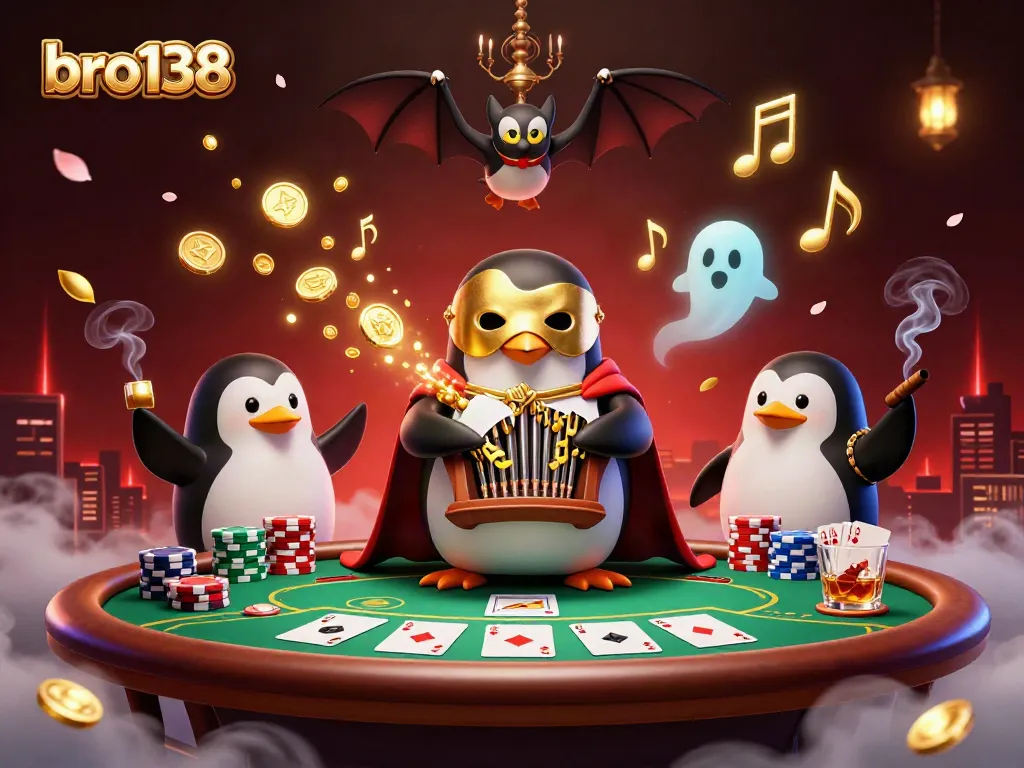 Watch the bro138 casino magic unfold with a golden-masked penguin playing the organ, showering coins.