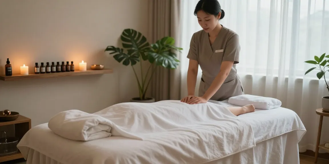 Relaxing 강서구출장안마 spa session setting with a professional masseuse preparing the massage room, essential oils, and calming ambiance.