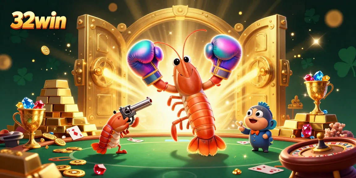 Engage in thrilling gameplay at 32win with a vibrant 3D casino scene featuring lively characters and dazzling treasures.