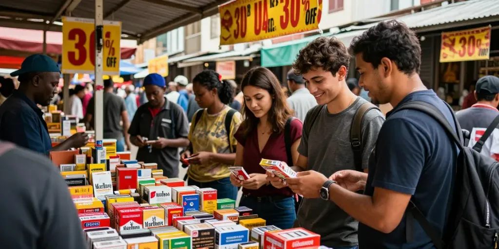 Browse cheap tobacco and cigarettes online at an outdoor market.