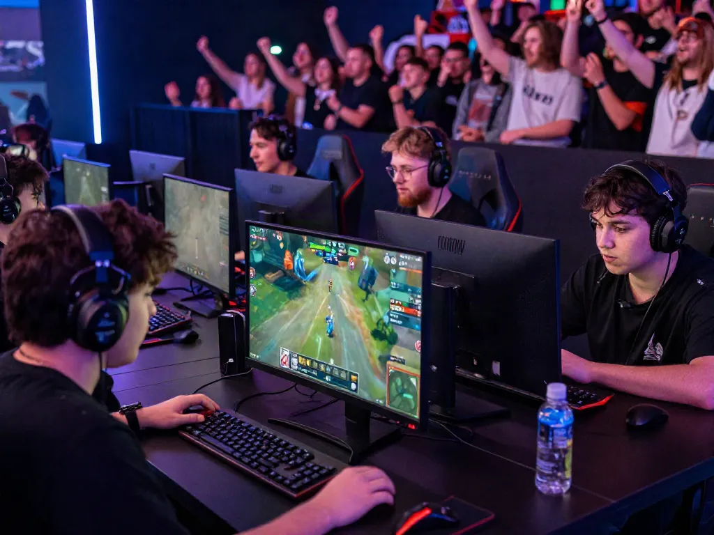 Juraganbola e-sports arena with players competing intensely in a vibrant gaming environment.
