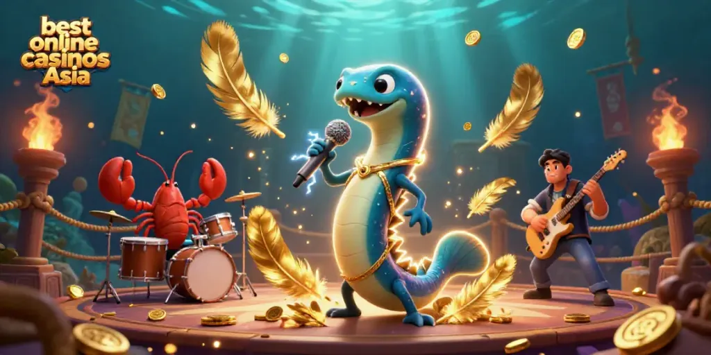 Experience the excitement of the best online casinos Asia with animated casino characters in a vibrant underwater stage.