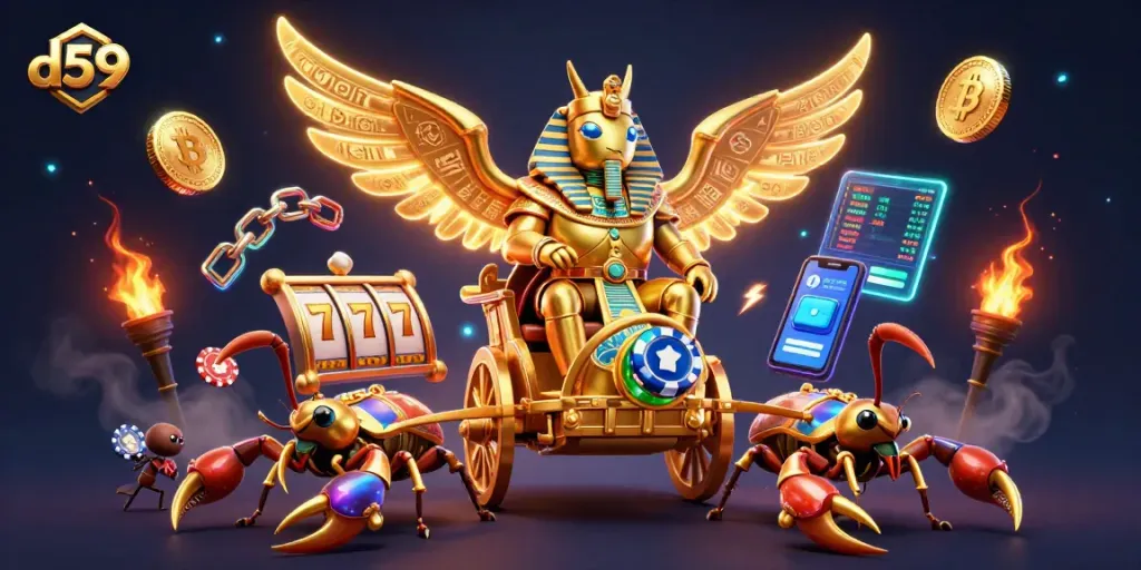 Permainan kasino d59 dengan karakter menarik dan simbol slot yang menonjol.
