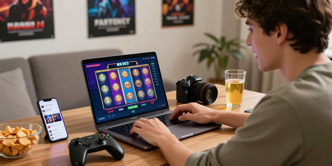 Navigating NX303 link alternatif on a laptop while enjoying a modern gaming setup with vibrant visuals and cozy ambiance.