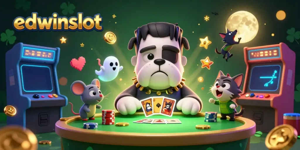 Engage with edwinslot as a Frankenstein bulldog deals cards under eerie lights.