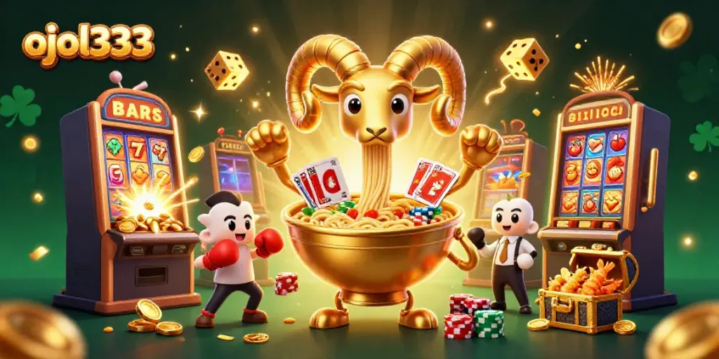 Engage in thrilling gameplay at ojol333 with a vibrant casino scene featuring animated characters and slot machine