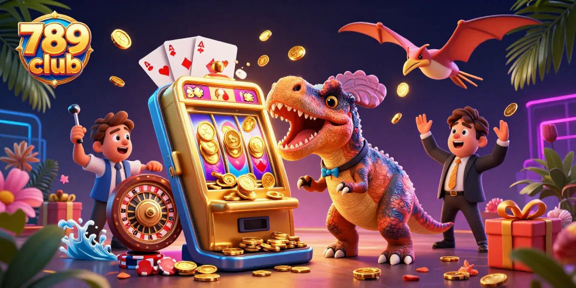 Experience thrilling wins at 789 club with this vibrant digital illustration of casino excitement and playful 3D characters.