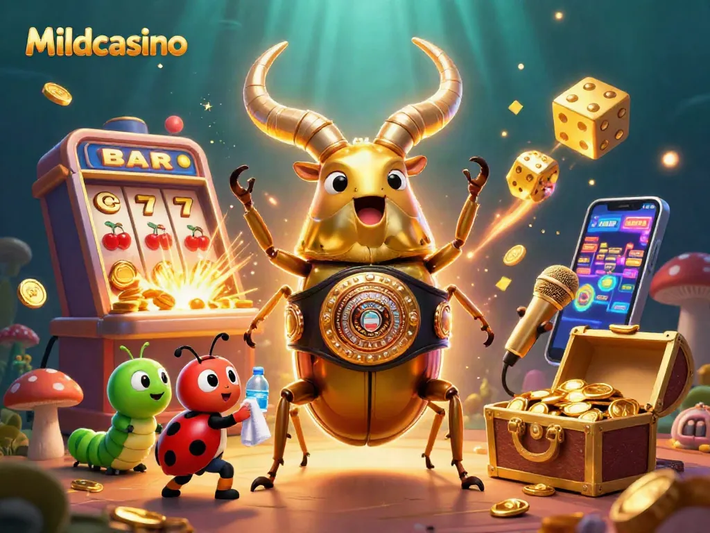 Mildcasino displays a dynamic casino scene with a golden beetle and cascading slot rewards.