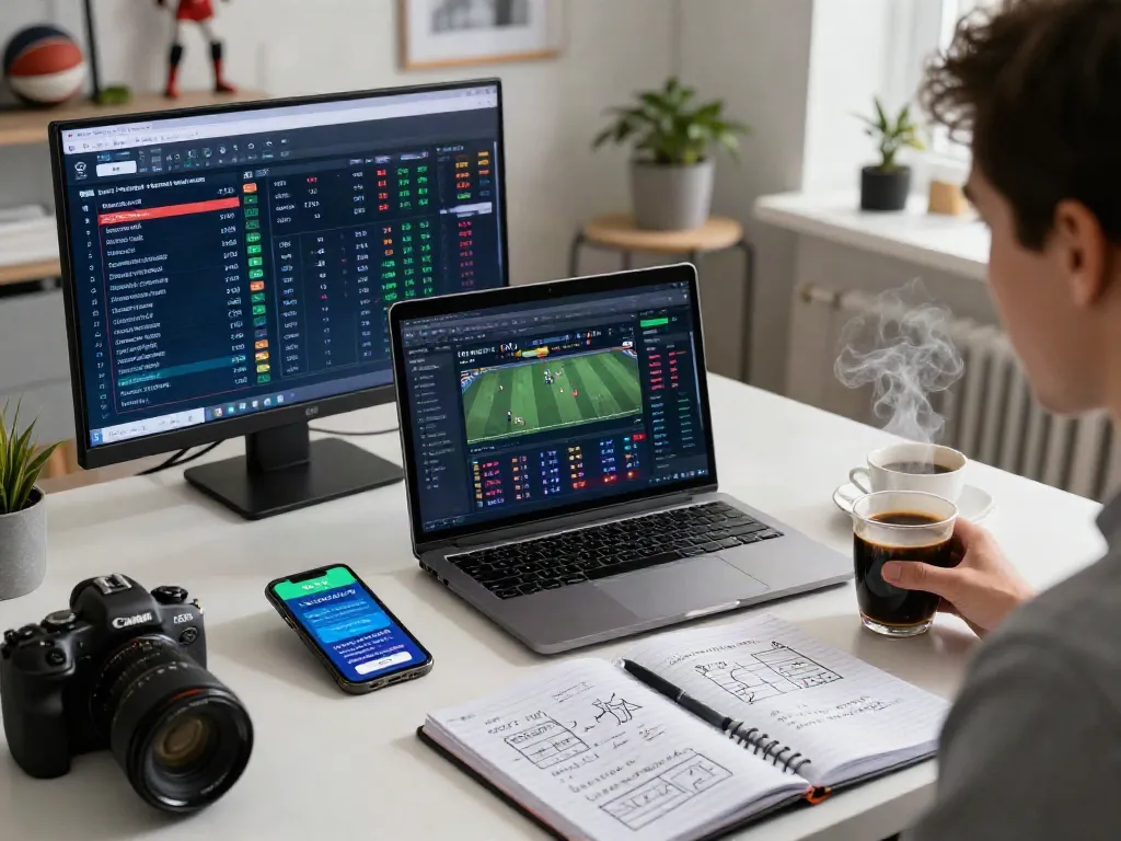 Analisis taruhan olahraga di meja kerja modern, merahtoto, dengan layar laptop menampilkan statistik dan skor langsung.