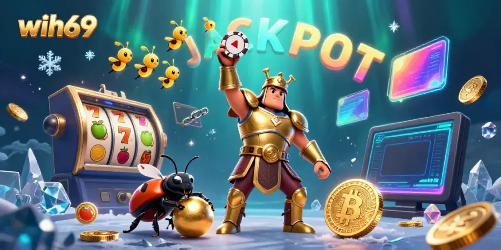 Memenangkan jackpot di WIH69 dengan karakter menarik dan simbol permainan yang penuh warna.