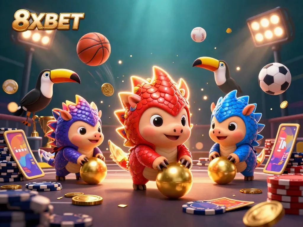 Experience the thrill of 8XBET with a vibrant 3D scene featuring pangolins engaging in casino action.