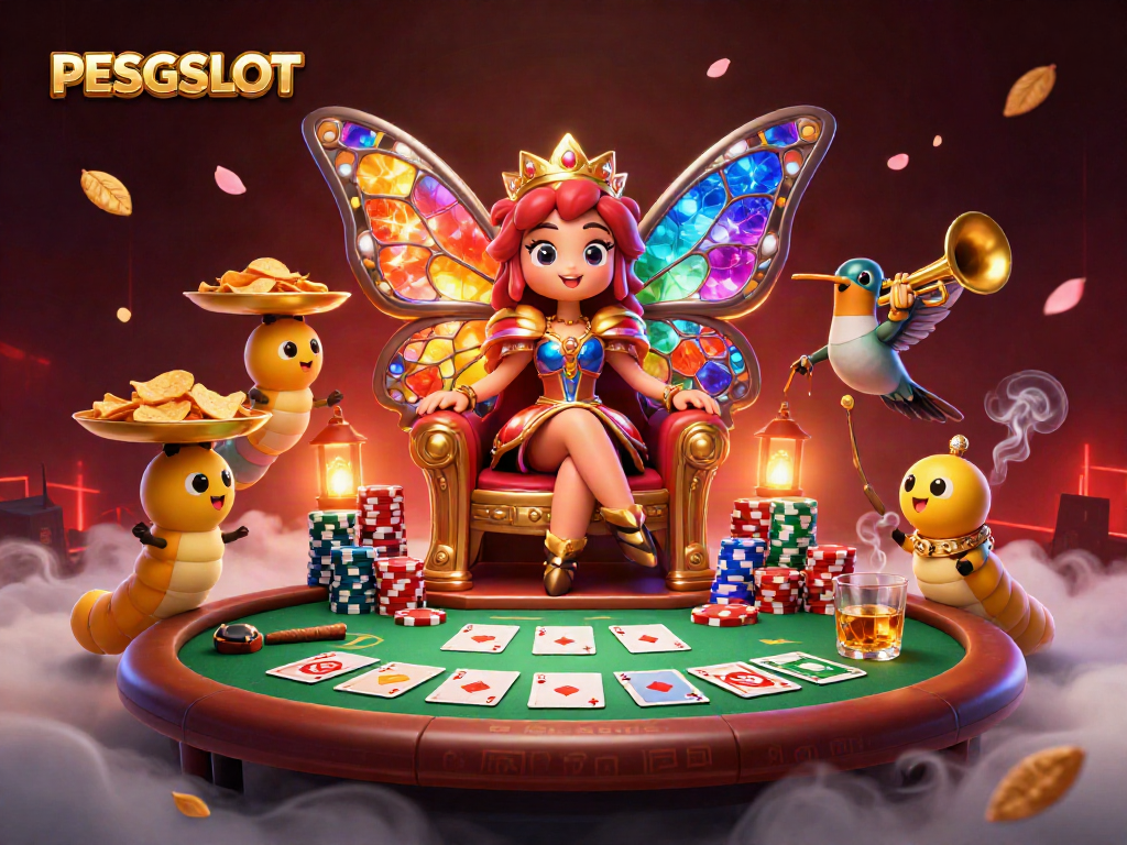 Gambarkan PESGSLOT dengan ratu kupu-kupu 3D dalam dunia kasino yang megah.