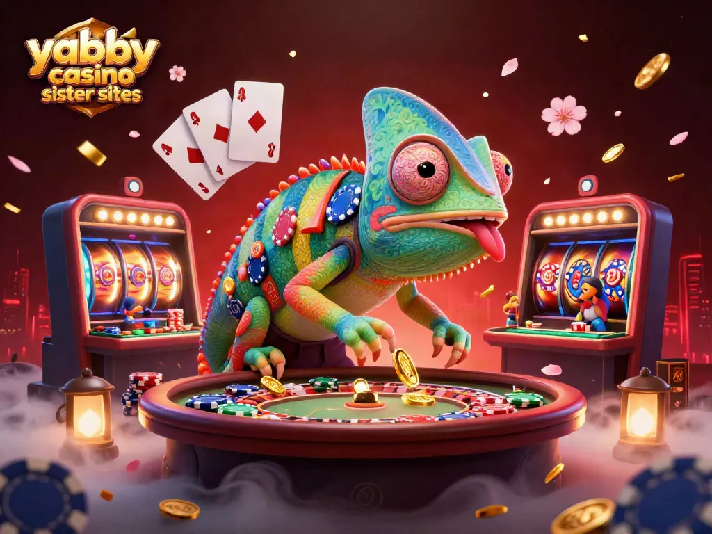Experience excitement at yabby casino sister sites with chameleon casino owner amidst vibrant slots and festive elements.