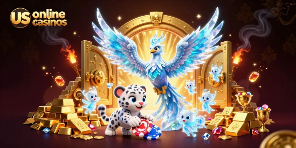 Explore the enchanting world of us online casinos with a vibrant illustration of a magical ice phoenix, vibrant jewels, and playful sprites.