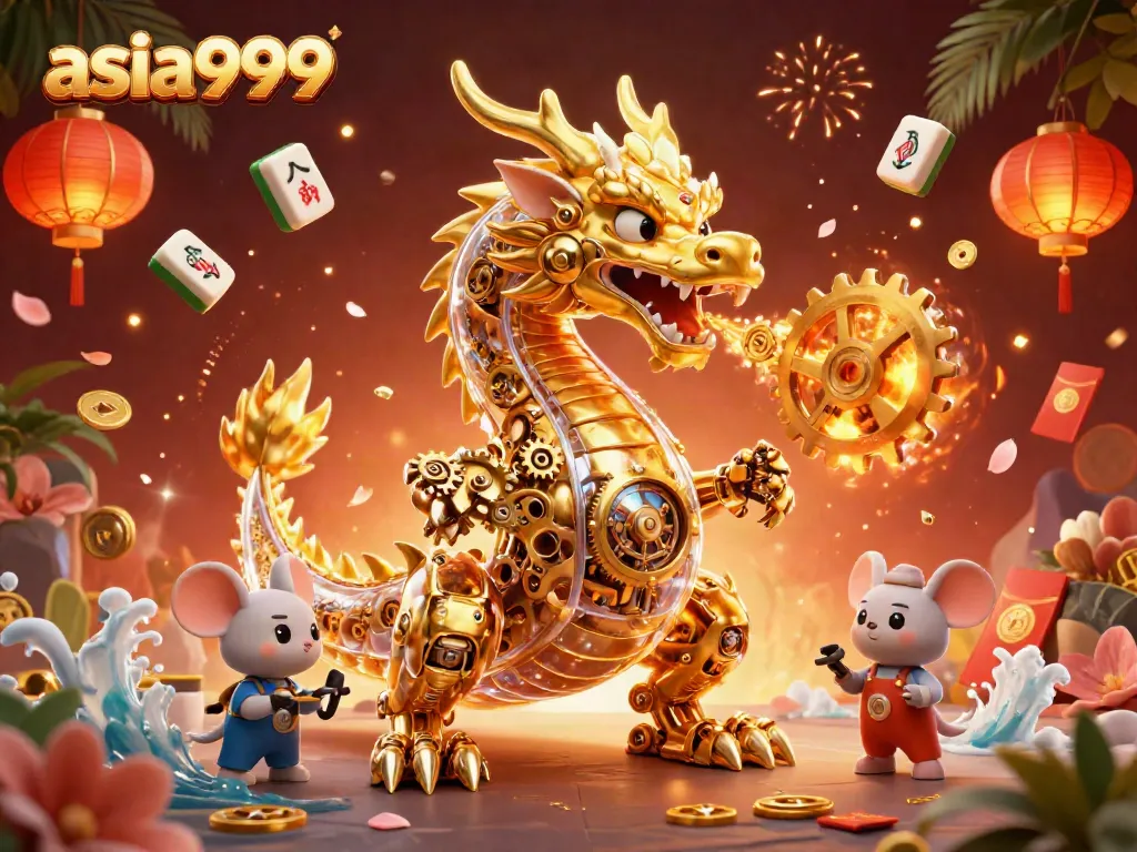 ภาพวาดภาพ 3D ของมังกรทองที่พ่นเกียร์ทองคำแสดงถึงความสนุกของ asia999