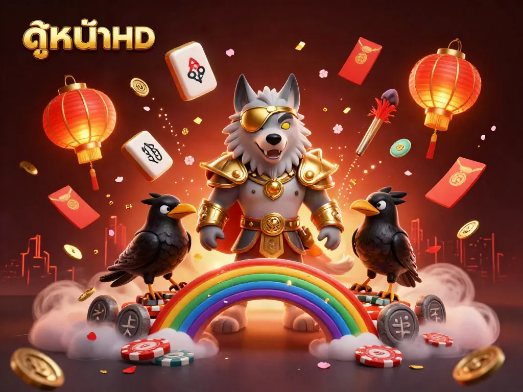Engage with ดูหนังHD as Odin and ravens explore a vibrant casino world, full of floating symbols and festive lights.