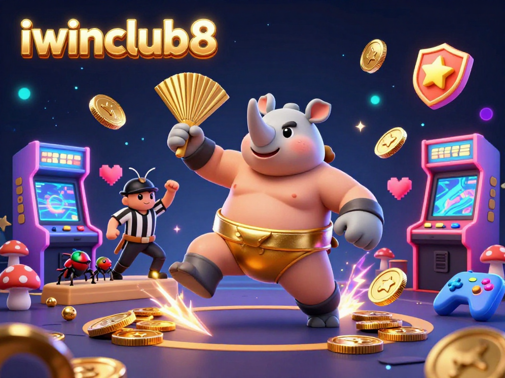Experience thrilling iwinclub8 gameplay with a dynamic 3D scene of a sumo beetle champion amidst vibrant casino elements.