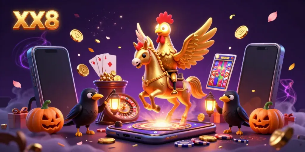 Play slots with XX8 in a vivid casino scene featuring a golden rooster and magical elements.