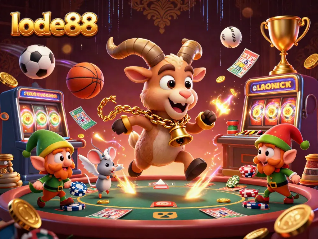 Lode88 players enjoy a thrilling casino atmosphere with Krampus managing games, angel mouse assisting, and mischievous elves stealing chips.
