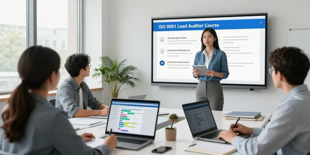 ISO 9001 Lead Auditor Course training session with engaged participants in a vibrant virtual classroom.